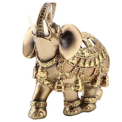 Image of Hilitand Golden Polyresin Elephant Statue Sculpture Trunk Wealth Lucky Collectible Figurine Gift Home Decor Feng Shui Ornament(L)