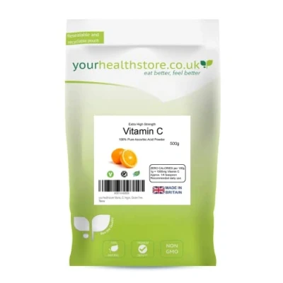 Image of yourhealthstore Vitamin C Powder 500g, Extra High Strength Ascorbic Acid 100% Pure British Pharmaceutical Grade Non GMO, Vegan, Gluten Free.