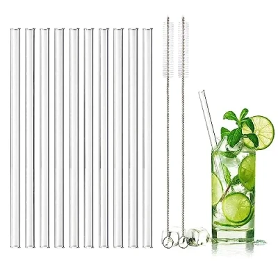 Image of DONQL 10 Pcs Glass Straws Reusable Straw Drinking with 20cm Length Eco Friendly 2 Cleaning Brushes Transparent Clear Perfect for Milk Coffee Coctail (Straight)