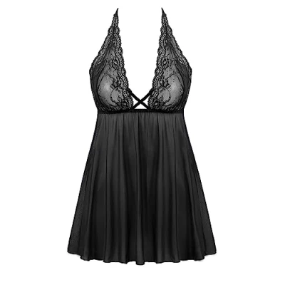 Image of Amorbella Womens 2 Piece Lingerie Set Lace Babydoll Dress Nighty(Black,Large)