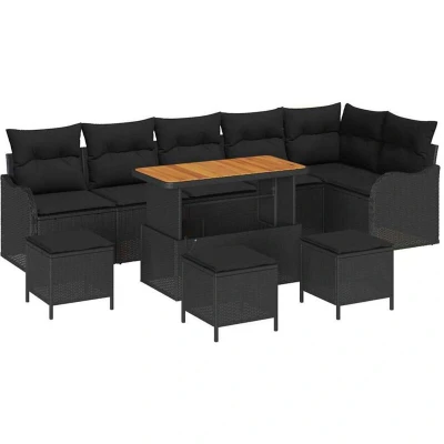 Image of vidaXL 10 Piece Garden Sofa Set with Cushions Black Poly Rattan Acacia