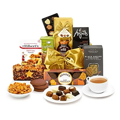 Image of Luxury Tea &amp; Biscuits Gift Set Time Treats Hamper with English Tea, Dark Chocolate Ginger Biscuits, Strawberry Preserve, Fruit Cake Gifts, from Regency Hampers