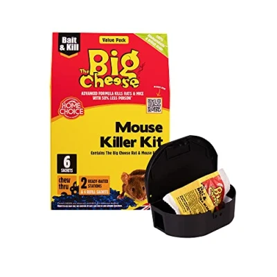 Image of The Big Cheese Mouse Killer Kit 25g Grain x 6 + 2 Stations Kills Mice Bait with Chew Through Sachets Ready To Use Difenacoum Indoor