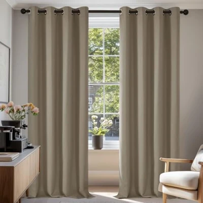 Image of Deconovo Blackout Curtains Thermal Insulated Room Darkening Energy Saving Super Soft Eyelet for Bedroom 55 x 114 Inch Taupe 2 Panels