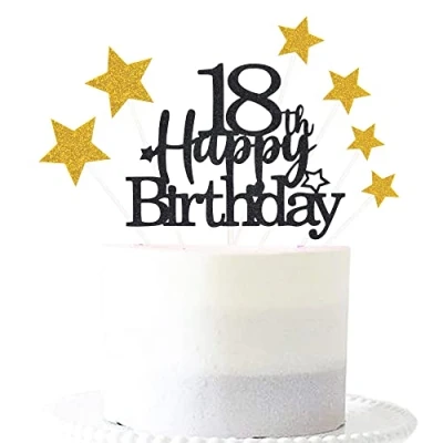 Image of Glittery 18th Happy Birthday Cake Topper with Star,18 Toppers Party Decorations Supplies for Boys Girls Black Gold
