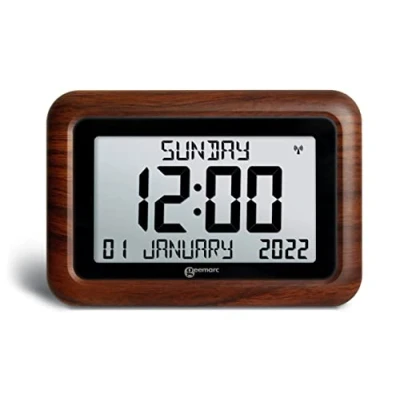 Image of Day Clock The Easy to read &amp; Self setting Geemarc Viso10 Ideal for People Living with Dementia or Alzheimer&#039;s Battery Operated No Backlight UK Version Wood Brown