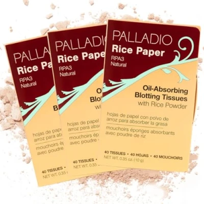 Image of Palladio Rice Paper Facial Tissues for Oily Skin, Face Blotting Sheets Made from Natural Rice, Oil Absorbing with Powder, 2 Sided, Instant Results (Natural, Pack of 3)