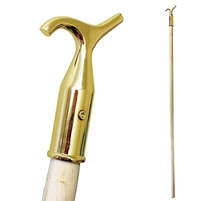 Image of Window Pole Opener and Loft Ladder with Hook 118cm Smooth Wooden Rod Brass Suitable for Sash or Velux Windows, Attic, Hatch, Blinds