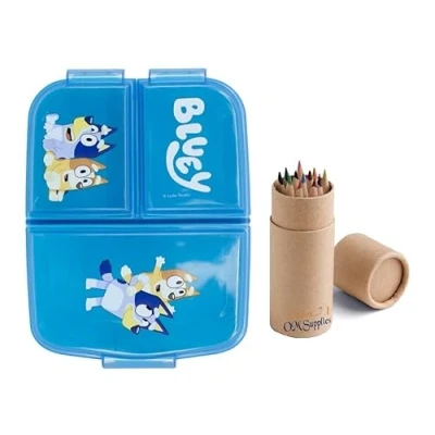 Image of OM SUPPLIES Bluey Reusable Sandwich Lunch Box 3 Multi Compartment Kids Children School Includes Half Size 12pcs Pencil Set (Bluey)