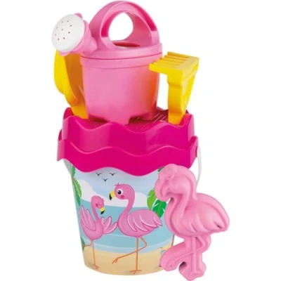 Image of Simba Flamingo 107114406 Bucket Set, 6 Pieces, Bucket, Strainer, Sand Mould, Shovel, Rake, Watering Can, Height 16 cm, Diameter 17 cm