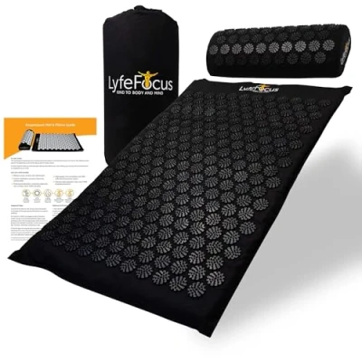 Image of LyfeFocus Acupressure Mat &amp; Pillow Set with Travel Bag Cushioned Spike Acupuncture Massage for Back, Neck Shoulder Pain Relief Easing Muscle Tension Stress (Black Black)