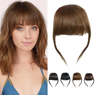 Image of Thick Hair Bangs Real Human French Bang Clip in Fringe Extension Unprocessed Fringe, Light Brown Color
