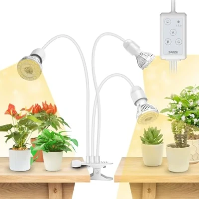 Image of SANSI 450W LED Grow Lights, 3 Head Full Spectrum Plant Lamp with Clip, 4000K Sunlike, Timer 4/8/12 Hrs for Indoor Seedlings Germination (Lifetime Free Bulb Replacements) White