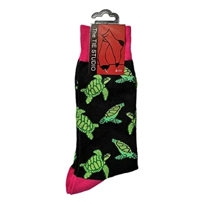 Image of Tie Studio Green Turtles on Black Unisex Novelty Ankle Socks Adult Size 6 11