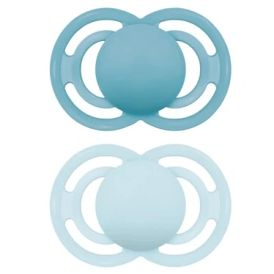Image of MAM Perfect Soothers 6+ Months (Pack of 2), Thinner and Softer Baby with Self Sterilising Travel Case, Newborn Essentials, Blue/White (Designs May Vary)