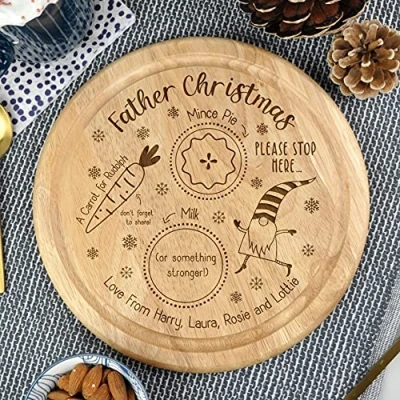 Image of eBuyGB Personalised Xmas Eve Plate, Father Christmas Please Stop Here, Mince Pie or Cookie for Santa, Carrot and Milk Rudolph &amp; Reindeers, Wooden Treat Board Snack Tray