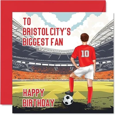 Image of Football Birthday Card for Bristol City Fans Biggest Fan Fun Happy Son Dad Brother Uncle Colleague Friend Cousin, 145mm x Footy Footie Bday Greeting Cards