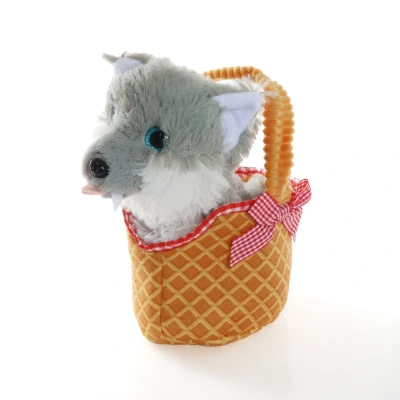 Image of Toy Wolf in Basket Grey Plush and with Red Gingham Trim World Book Day Week Fancy Dress Costume Accessory