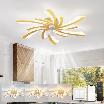 Image of KeLuKes Modern Ceiling Fans with Lights and Remote 78cm Lamps Silent Dc 6 Speed Dimmable Reversible Winter/Summer Led Fan Light for Bedroom Lounge Living Room,Gold