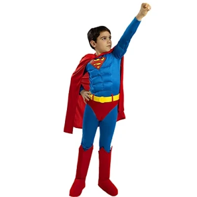 Image of Funidelia Deluxe Superman Costume for boy Superheroes, DC Comics, Justice League kids, accessory fancy dress &amp; props Halloween, carnival parties Size 3 4 years Blue