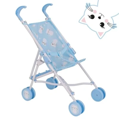 Image of BabyBoo Single Stroller Toy Dolls Buggy Baby Doll Pushchair Childrens Umbrella Fold Stroller, Ages 2+ (Blue Kittens), includes separate logo stickers for wheels