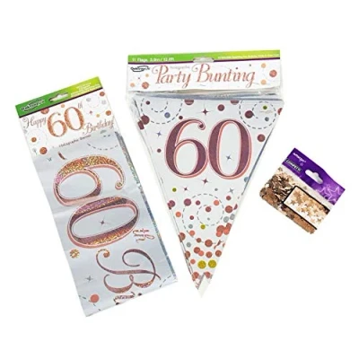 Image of 60th Birthday Decoration Kit Age 60 Decorations Banner Bunting Confetti Rose Gold FANCYDRESSCOZ FDC Him Her Men Women