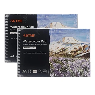 Image of ARTME A4 Watercolour Pad (2 Pack) x 12 Sheets/ 300gsm/ Firmly Textured/Cold Pressed/Cellulose Acid Free/Premium Quality Drawing Sketchbook Aquarelle &amp; Gouache Painting(2