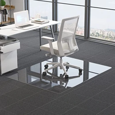 Image of CASSILANDO Glass Office Chair Mat for Carpet, 90 x 115cm Tempered Carpeted or Hardwood Floors, Computer Floor Protector Mat, Effortless Rolling, Easy to Clean