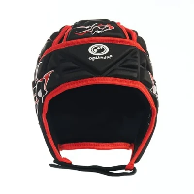 Image of Optimum Unisex Junior Inferno Rugby &amp; Football Headguard Scrum Cap Coverage Breathable, Soft Edged, Lightweight Sports Protective Headgear Black/Red, Small