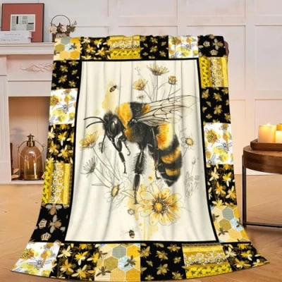 Image of Bee Blanket Super Soft Warm Flower Fleece Throw Gift for Women Girls Cozy Fluffy Stuff Lightweight Flannel Gifts Blankets Kids Adults 50&quot;X40&quot;