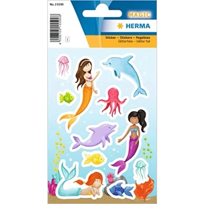 Image of HERMA 15590 Stickers Mermaid Glitter Small Large Pack of 11 Girls with Sea Animals Motif, Children&#039;s Labels for Photo Album, Diary, Poetry Scrapbooking, Birthday Decoration, Letters