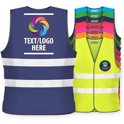 Image of Expert Workwear Unisex Personalised Kids High Visibility Safety Vest Children Hi Vis Printed Waistcoat Reflective Jacket Lightweight EN1150 (Navy, 10 12 Years)