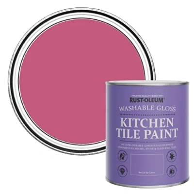Image of Rust Oleum Pink Water Resistant Kitchen Tile Paint in Gloss Finish Raspberry Ripple 750ml