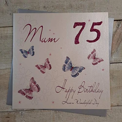 Image of WHITE COTTON CARDS 75 Happy, Handmade Large Birthday Card (Mum, Butterflies)