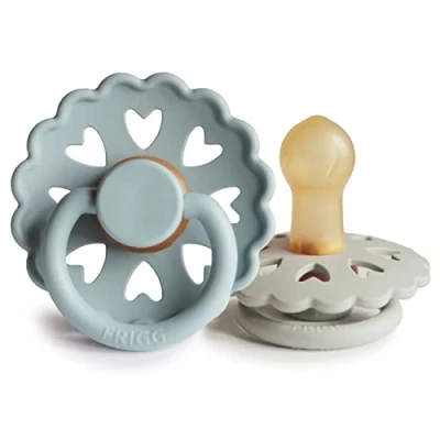 Image of FRIGG Fairytale Latex Pacifier Pack of 2 Natural Rubber Soother Dummy BPA Free Made in Denmark Symmetrical Cherry Shaped Nipple (Stone Blue/Willow Gray, Size 1 (0 6 Months))