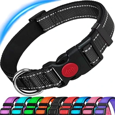 Image of ATETEO Dog Collar, Reflective Adjustable Basic Collar with Soft Neoprene Padding, Durable Nylon Pet Collars for Puppy Small Medium Large Dogs, Black, S: 9 14.2 inch