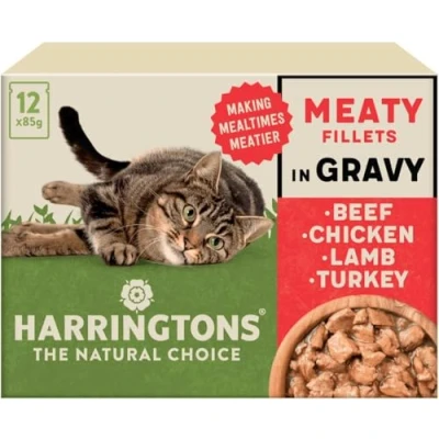 Image of Harringtons Complete Wet Pouch Grain Free Hypoallergenic Adult Cat Food Meaty in Gravy Pack 72x85g Beef, Chicken, Lamb &amp; Turkey Making Mealtimes Meatier