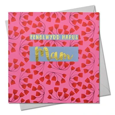 Image of Welsh Happy Birthday Greeting Card Mum, Pink Flowers, with Text Foiled in Shiny Gold, Pen blwydd Hapus Mam