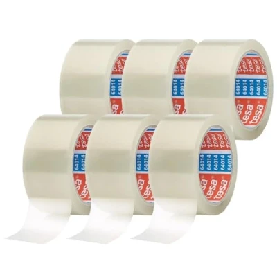 Image of tesapack 64014 Low Noise Parcel Tape, Pack of 6, for Packing Parcels and Shipping Boxes, Transparent, 6 Rolls, Each Roll 66 m