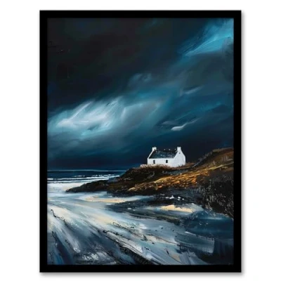 Image of Artery8 Scottish Isle Cottage Oil Painting Stormy Coastal Living Room Artwork Framed Wall Art Print A4
