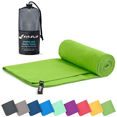 Image of Fit Flip Microfibre towel compact, ultra lightweight &amp; quick dry the perfect gym, travel beach swimming for sports, camping hiking (70x140cm green + bag)