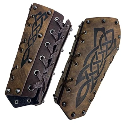 Image of HiiFeuer Medieval Embossed Arm Bracers, Retro Faux Leather Knight Gauntlets, Vintage Guards(Brown A)