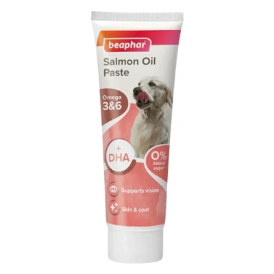 Image of Beaphar Salmon Oil Paste For Dogs Promotes Glossy Coat Supports Vision &amp; Overall Health Contains Omega 3 6 of All Ages 100g Tube