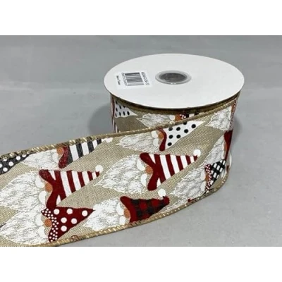 Image of 2 Meters x 63mm Wired Ribbon Natural Gnomes Christmas Hessian Style 6.3cm
