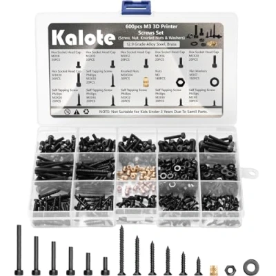 Image of 600Pcs M3 Metric Screws for 3D Printer DIY, Set, 12.9 Grade Alloy Steel Hex Socket Head Cap Assortment, Phillips Drive Self Tapping and Brass Knurled Nuts Kit