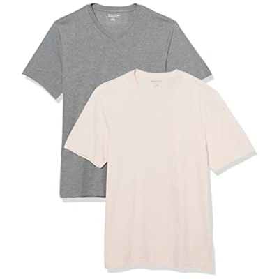 Image of Amazon Essentials Men&#039;s Short Sleeve V Neck T Shirts, Pack of 2, Grey Heather/Pale Pink, M