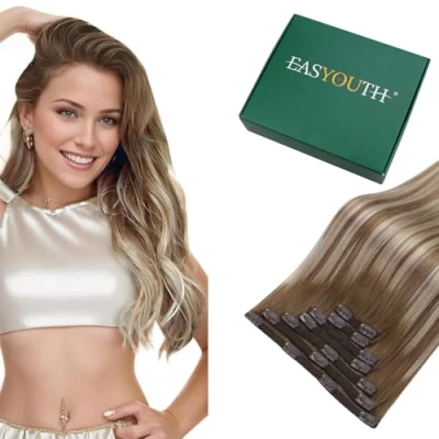 Image of Easyouth Clip in Human Hair Extensions Balayage Real 12 Inch 70g 7Pcs Double Weft Ombre Brown to Blonde