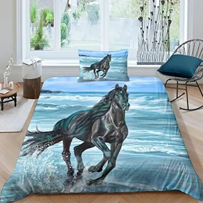 Image of Horse Bedding Set Cover Duvet 3D Bedspread 3 Piece Quilt with Zipper Closure Soft Microfiber for Kids Children Single（135x200cm）