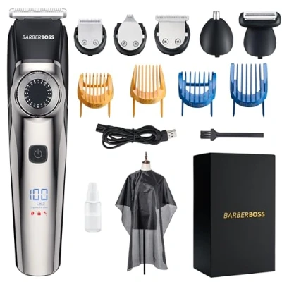Image of BarberBoss Professional Beard Trimmer Men, Hair Clipper,39 Cutting Lengths, Waterproof Design, Precision Dial, Grooming Kit Ear &amp; Nose, LED Display, Comb Attachments