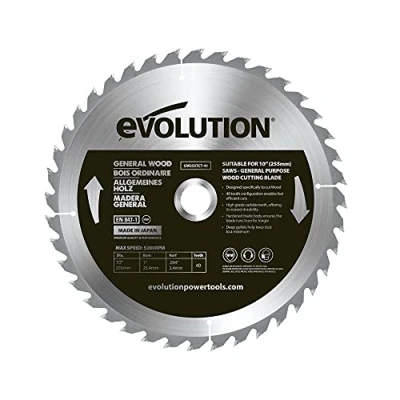 Image of Evolution Power Tools GW255TCT 40 General Wood Carbide Tipped TCT Blade, For Table Saws and Mitre Saws, Smooth Fast Cuts In Wood, Clean, Splinter Free Cut, Teeth, 255 mm